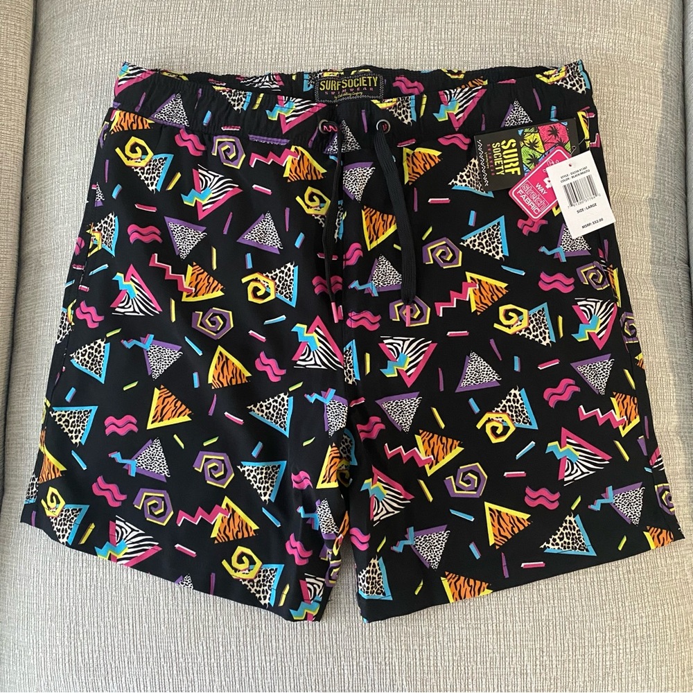 SURF SOCIETY Swim Trunks with Retro Saved by the Bell Pattern Size Large